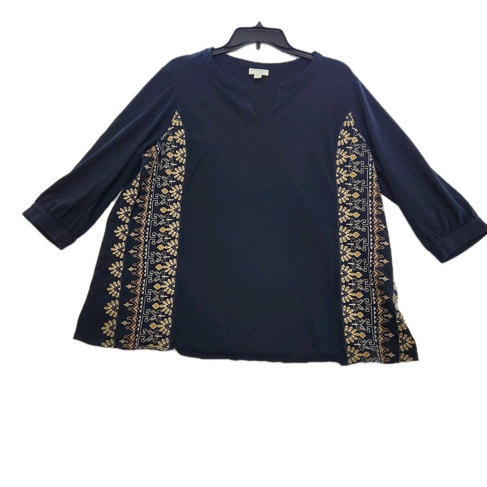 J. Jill Pure Jill Navy Blue Aztec Embroided 3/4 Sleeve Blouse Top Women SZ XL